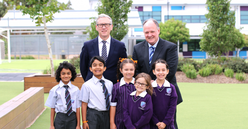 Matthew Dodd and Andrew Ponsford with Year 2 students at Southern Cross Grammar